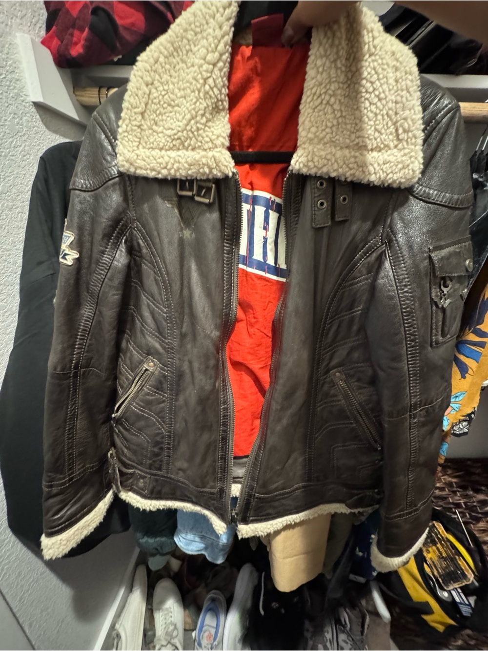 Leather Aviator Jacket with Sherpa Collar - Brown